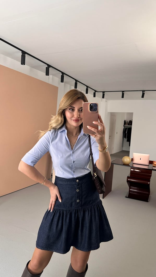 Düğme Detay Volanlı Lacivert Denim Etek