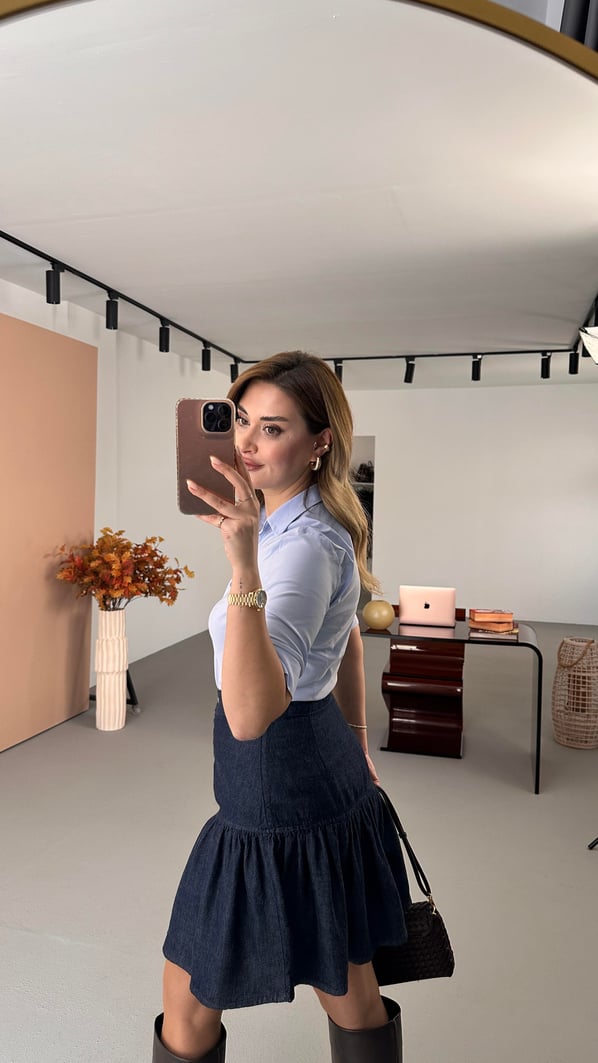 Düğme Detay Volanlı Lacivert Denim Etek