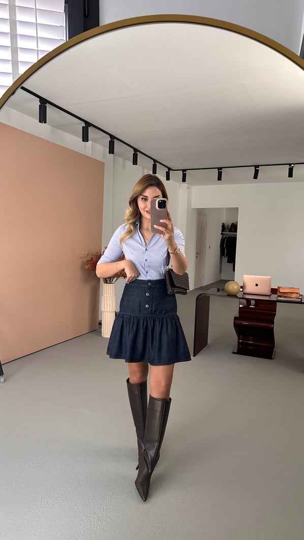 Düğme Detay Volanlı Lacivert Denim Etek
