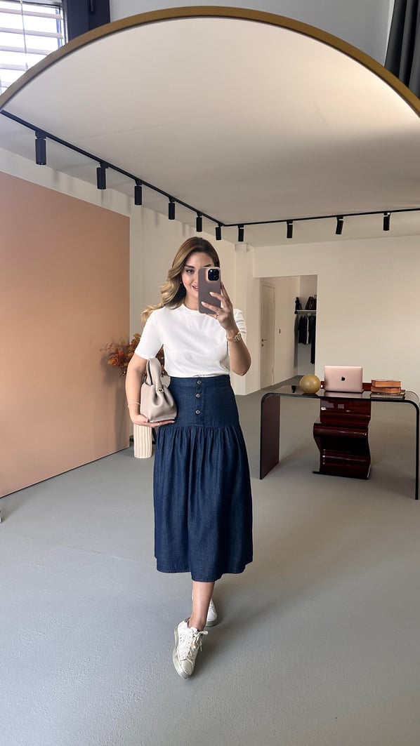 Düğme Detay Volanlı Lacivert Midi Denim Etek