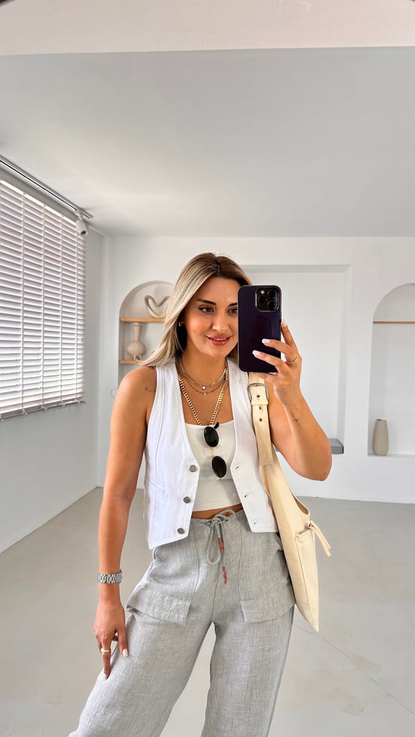 Düğmeli Beyaz Denim Yelek