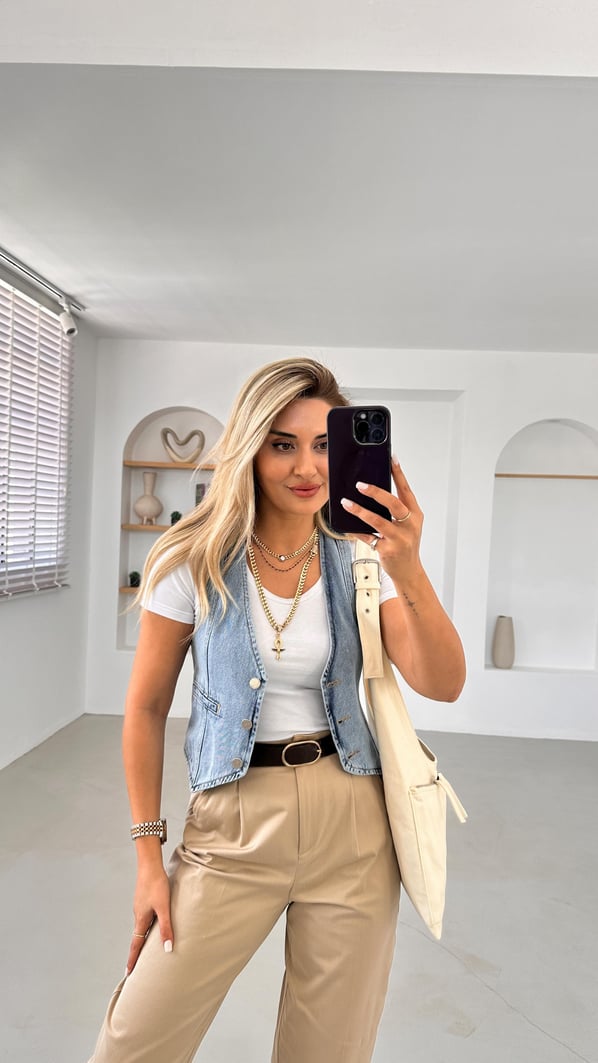 Düğmeli Mavi Denim Yelek