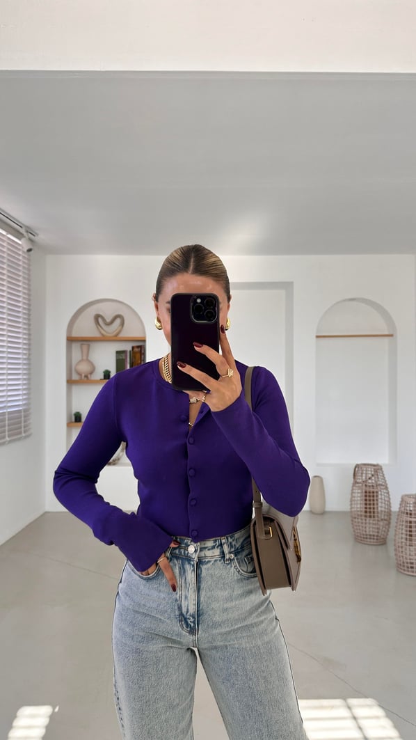 Düğmeli Mor Crop Hırka