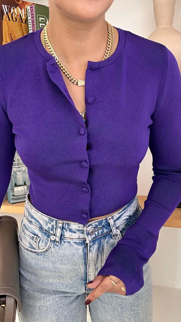 Düğmeli Mor Crop Hırka