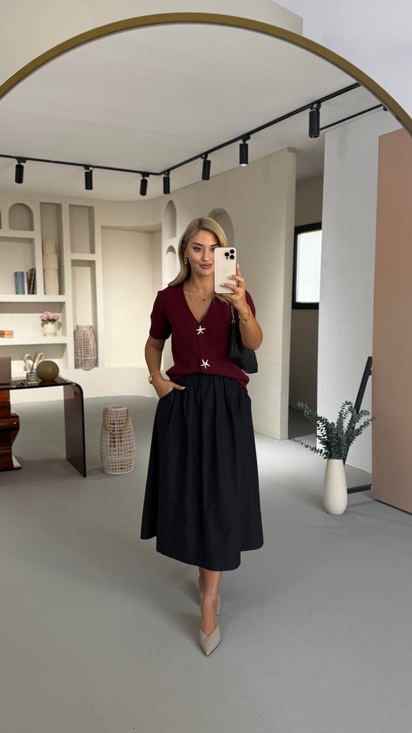 Bel Lastikli Cep Detay Siyah Poplin Midi Etek