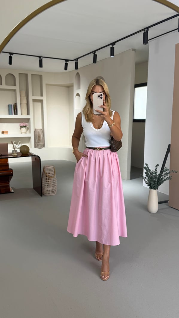 Premium Seri Piliseli Pembe Poplin Çan Etek