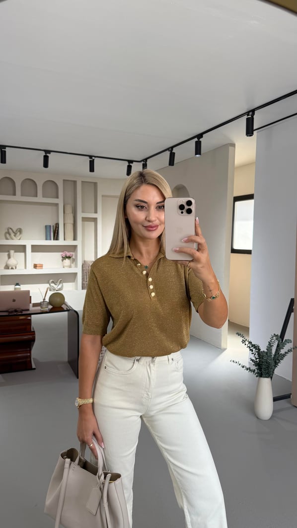 Polo Yaka Düğme Detay Gold Simli Triko Bluz