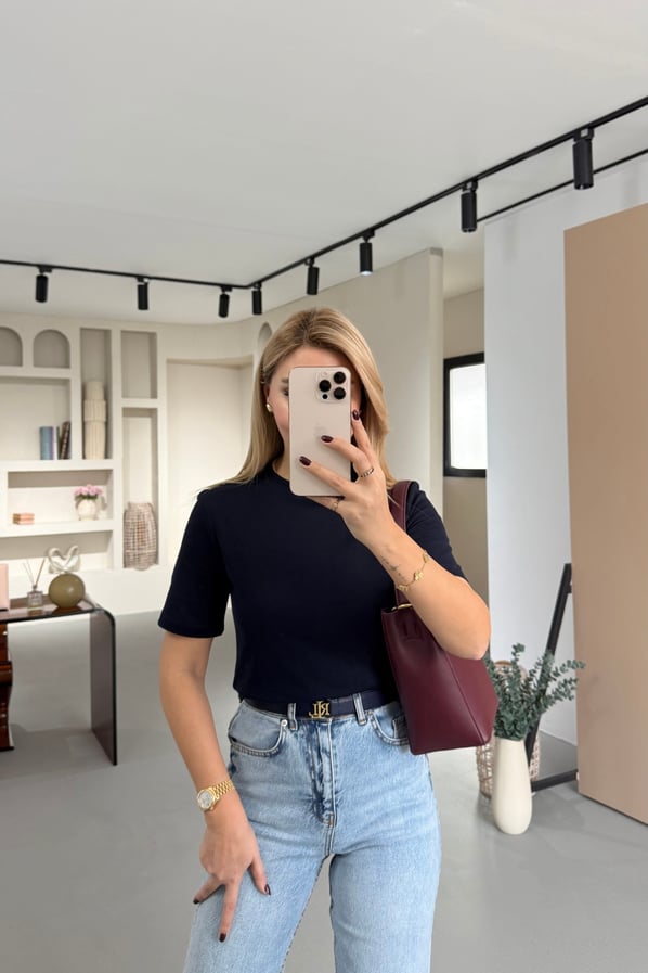 Premium Seri Bisiklet Yaka Pamuklu Lacivert Basic Tshirt