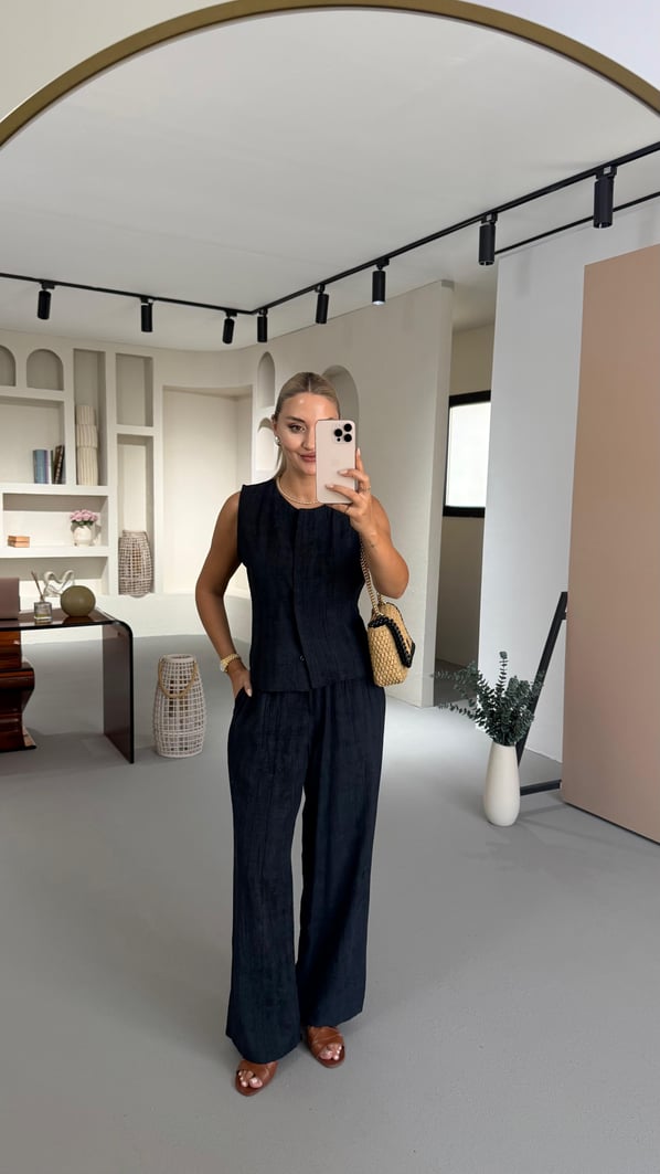 Premium Seri Siyah Kırınkıl Yelek Pantolon Takım