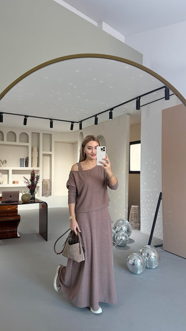 Maxi Elbise Kayık Yaka Bluz Yumuşak Dokulu Kahve Takım