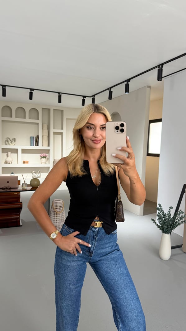 Çift Fermuar Detay Siyah Bluz