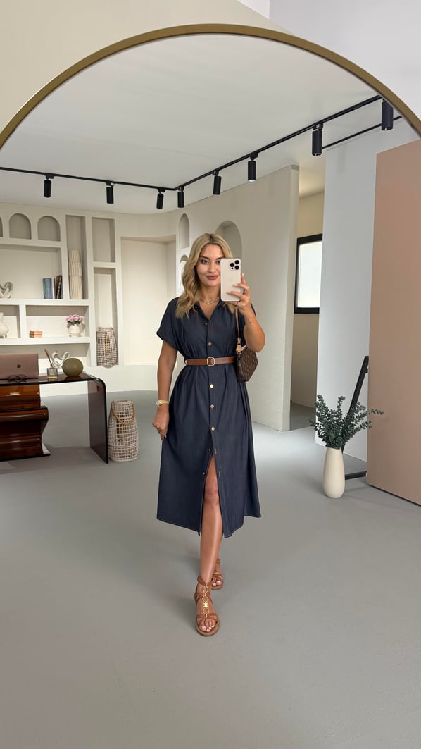 Boydan Düğmeli Kemer Detay Lacivert Tensel Denim Elbise