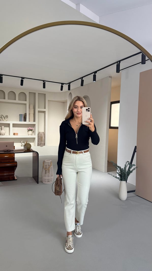 Premium Seri Krem Kesik Paça Boy Fit Jean