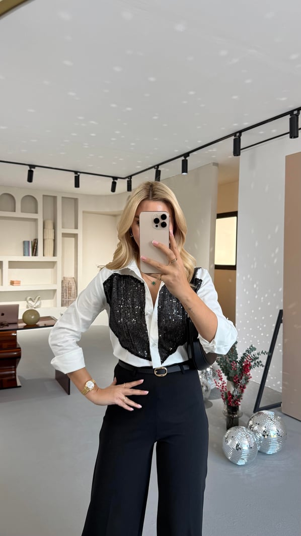 Siyah Kalp Payet Detay Poplin Gömlek