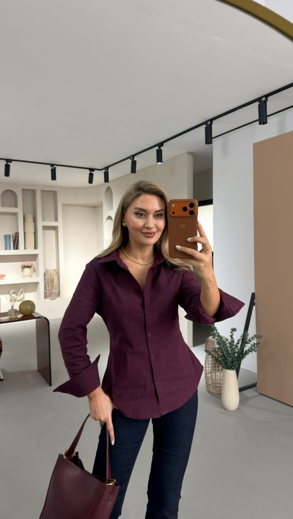 Sırt Piliseli Mürdüm Denim Gömlek