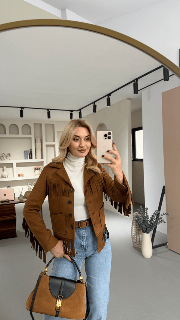 Püskül Detay Cepli Taba Süet Ceket