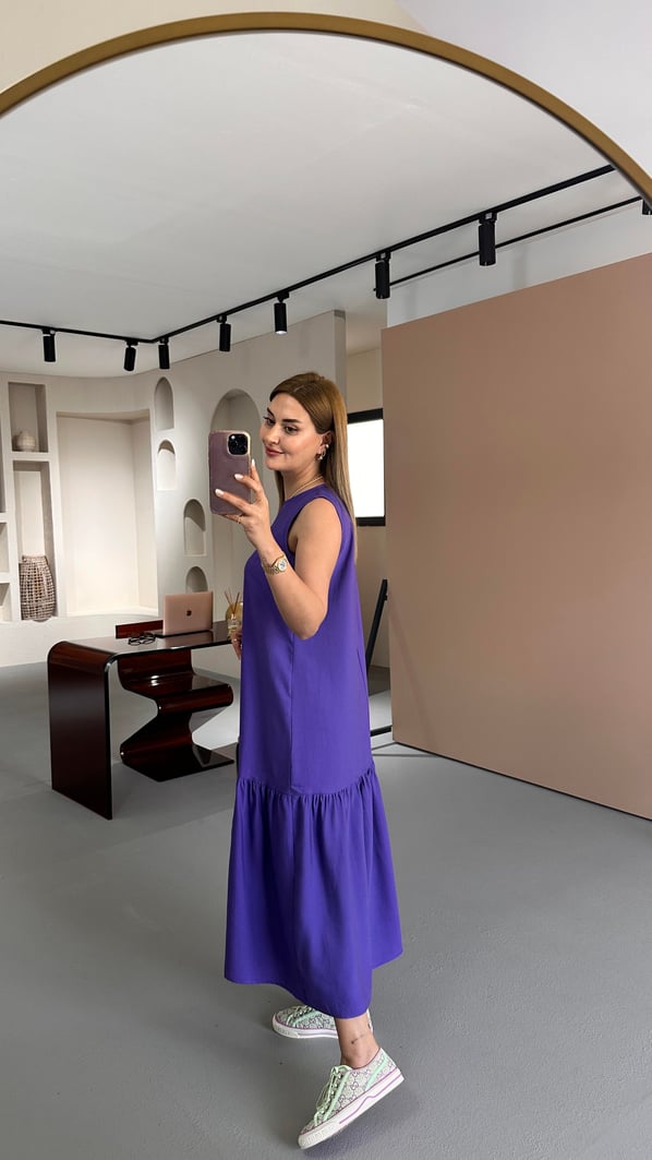 Eteği Volanlı Kolsuz Mor Tensel Elbise