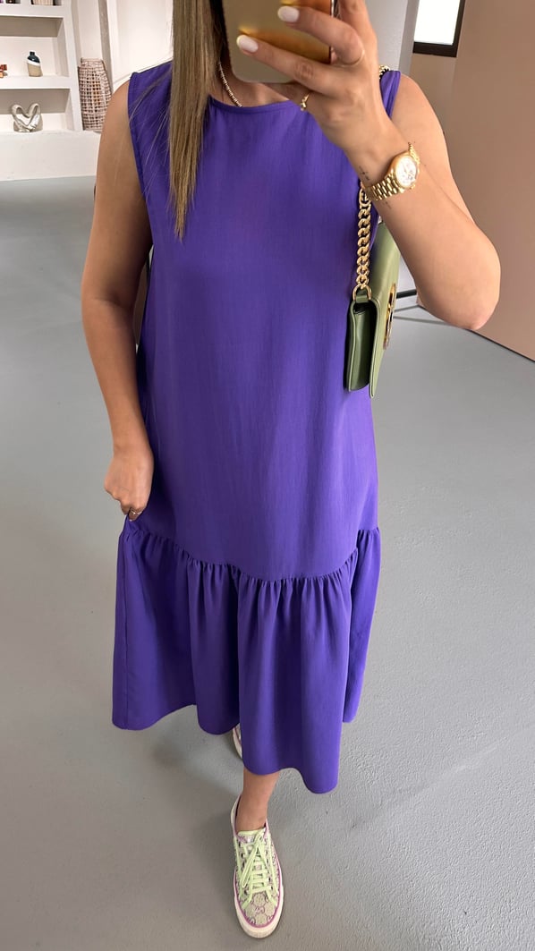 Eteği Volanlı Kolsuz Mor Tensel Elbise
