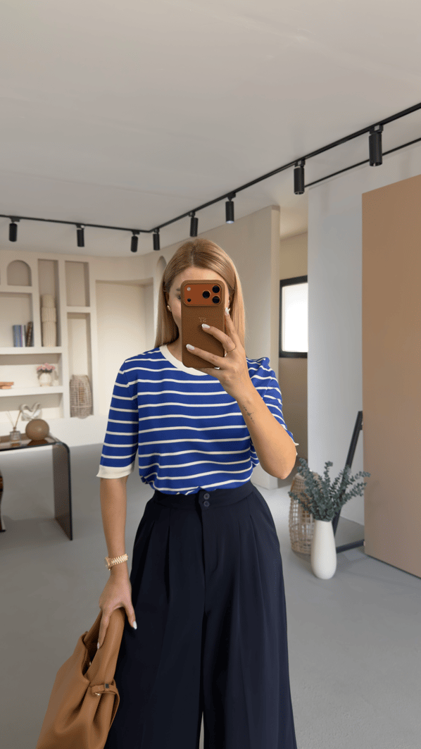 Ekru Çizgili Saks Kısa Kol Triko