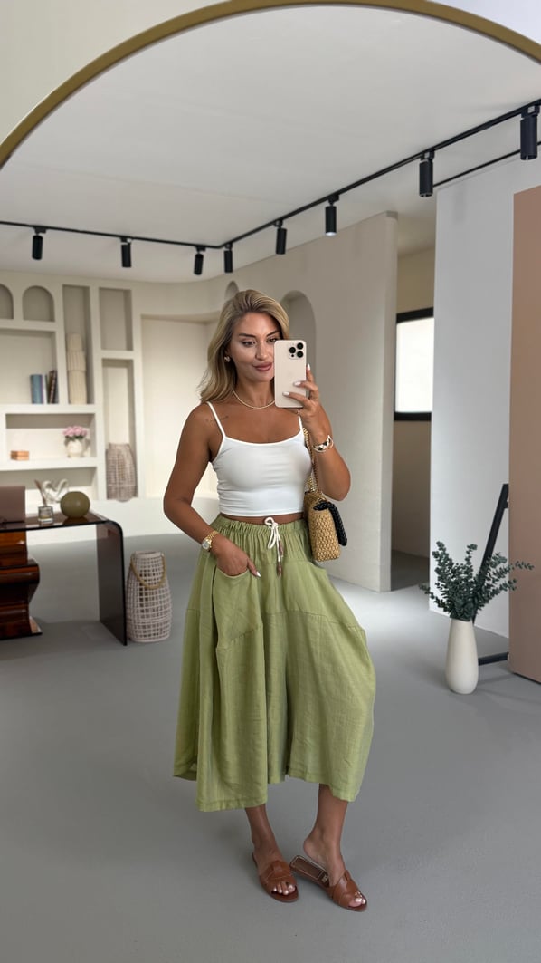 Olive Keten Şalvar Pantolon