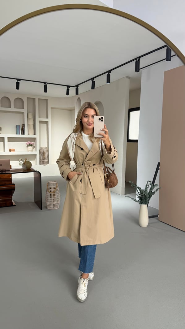 Fular Detay Taş Uzun Trençkot