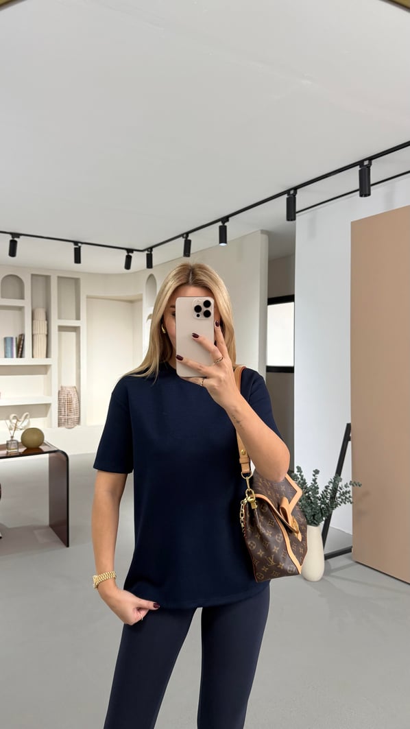 Bisiklet Yaka Lacivert Oversize Tok Modal Basic Tshirt