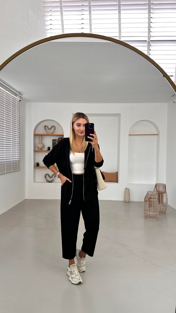 Fermuarlı Sweat-Slouchy Pantolon Siyah Modal Takım