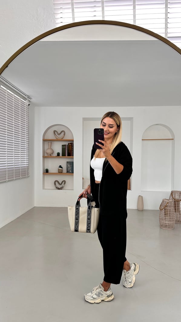 Fermuarlı Sweat-Slouchy Pantolon Siyah Modal Takım