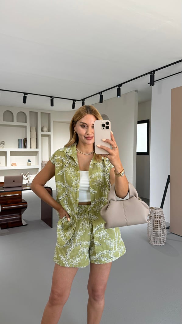 Fisto Detay Şort Yelek Olive Takım