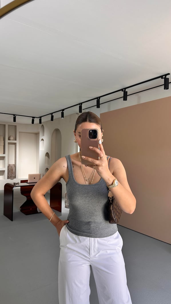 Fitilli Ön Arka U Yaka Melanjlı Gri Bluz