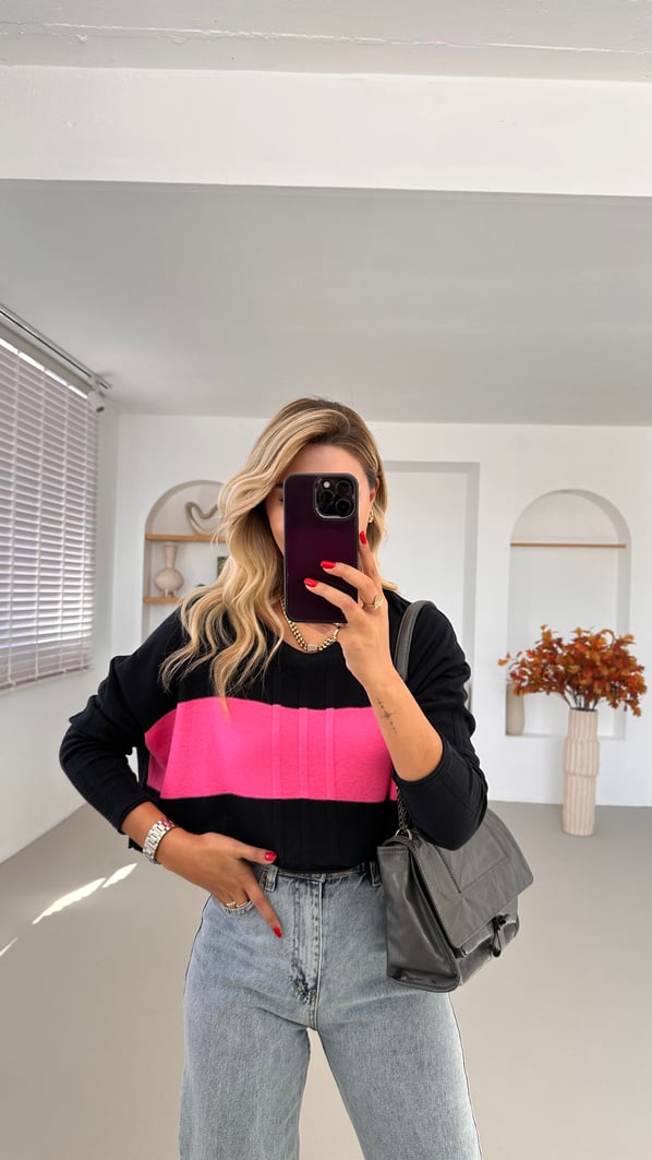 Geniş Yaka Renk Bloklu Antrasit Triko