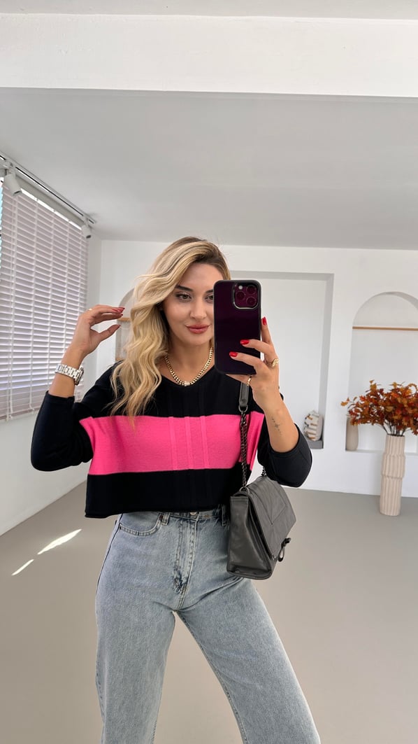 Geniş Yaka Renk Bloklu Antrasit Triko