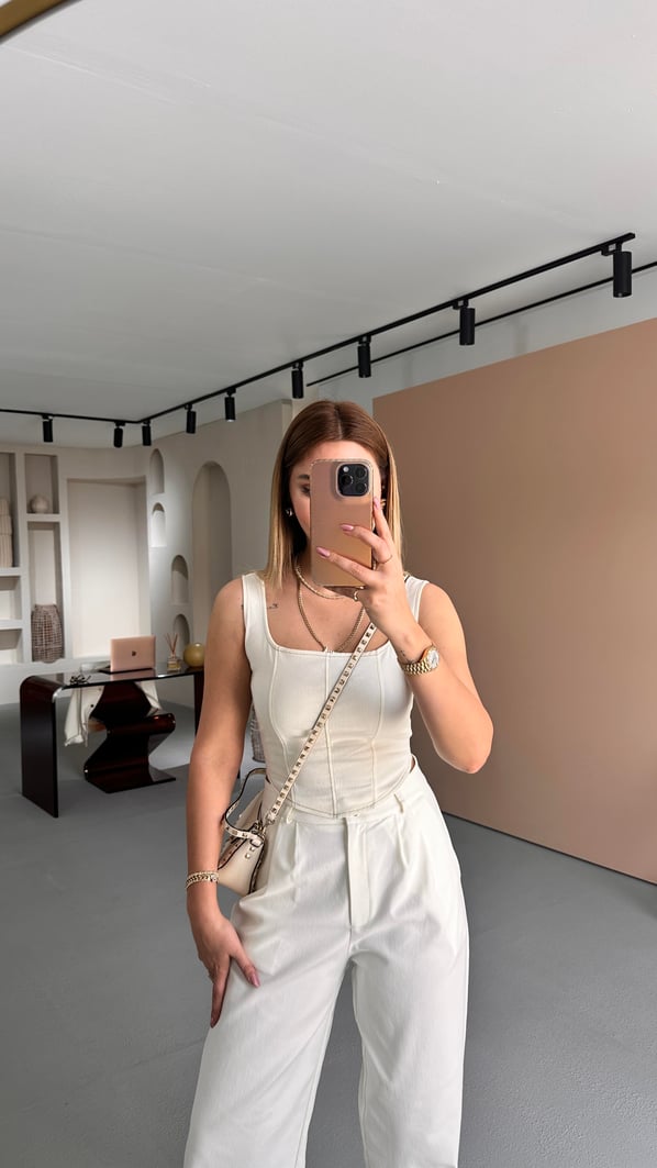 Gold Düğme Detay Piliseli Krem Likralı Palazzo Pantolon