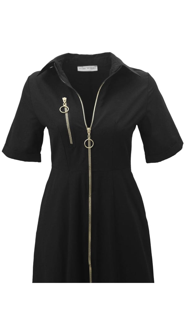 Gold Fermuar Detay Yırtmaçlı Siyah Poplin Elbise