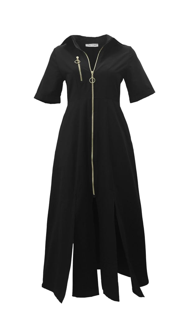 Gold Fermuar Detay Yırtmaçlı Siyah Poplin Elbise