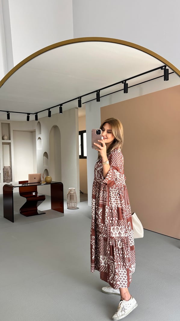 Gömlek Yaka Etnik Desen Kahve-Ekru Elbise