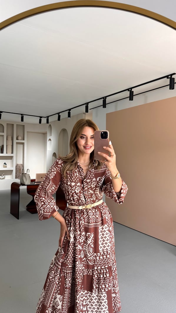 Gömlek Yaka Etnik Desen Kahve-Ekru Elbise