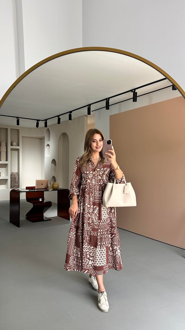 Gömlek Yaka Etnik Desen Kahve-Ekru Elbise