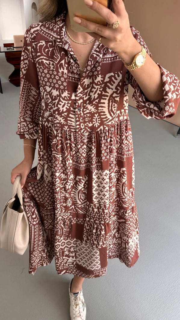 Gömlek Yaka Etnik Desen Kahve-Ekru Elbise
