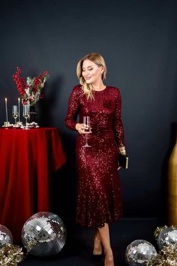 Gül Detay Payetli Bordo Midi Elbise