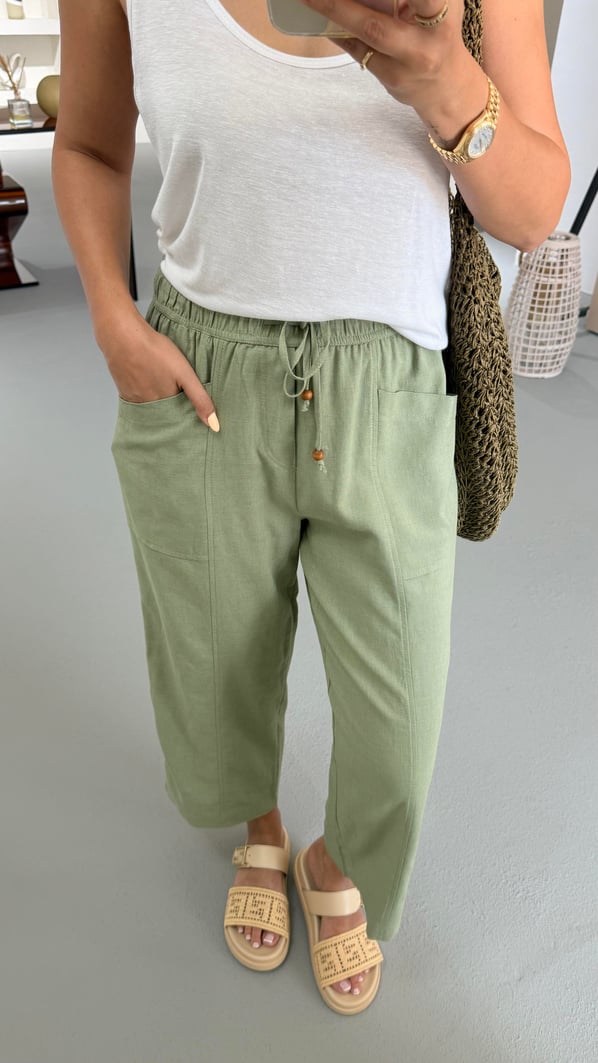 Haki Beli Lastikli Keten Bohem Pantolon