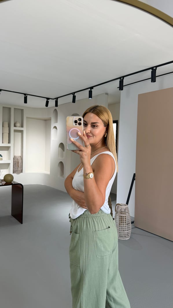 Haki Beli Lastikli Keten Bohem Pantolon