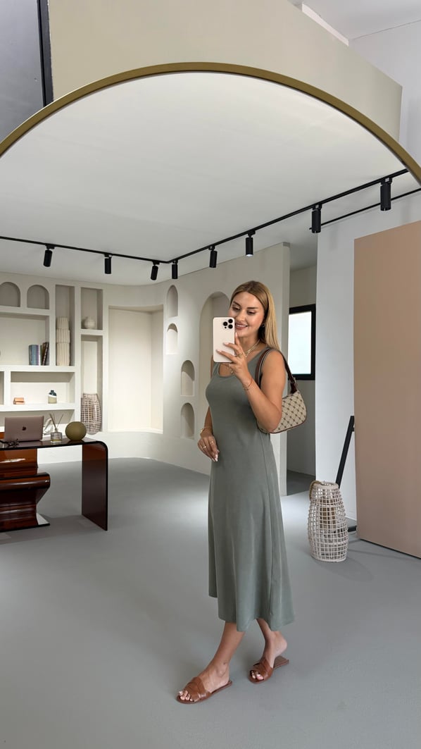 Haki Havuz Yaka Çan Modal Elbise