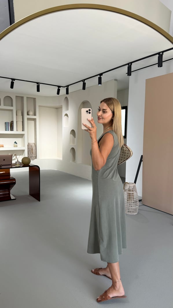 Haki Havuz Yaka Çan Modal Elbise