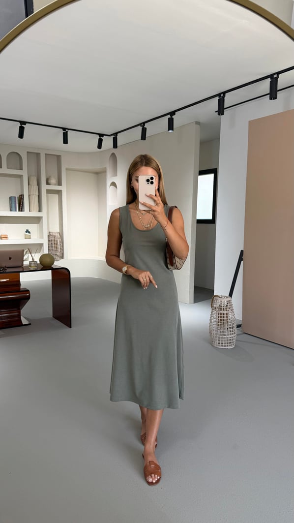 Haki Havuz Yaka Çan Modal Elbise