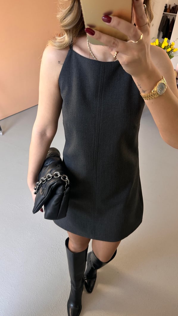 Halter Yaka Antrasit Mini Elbise