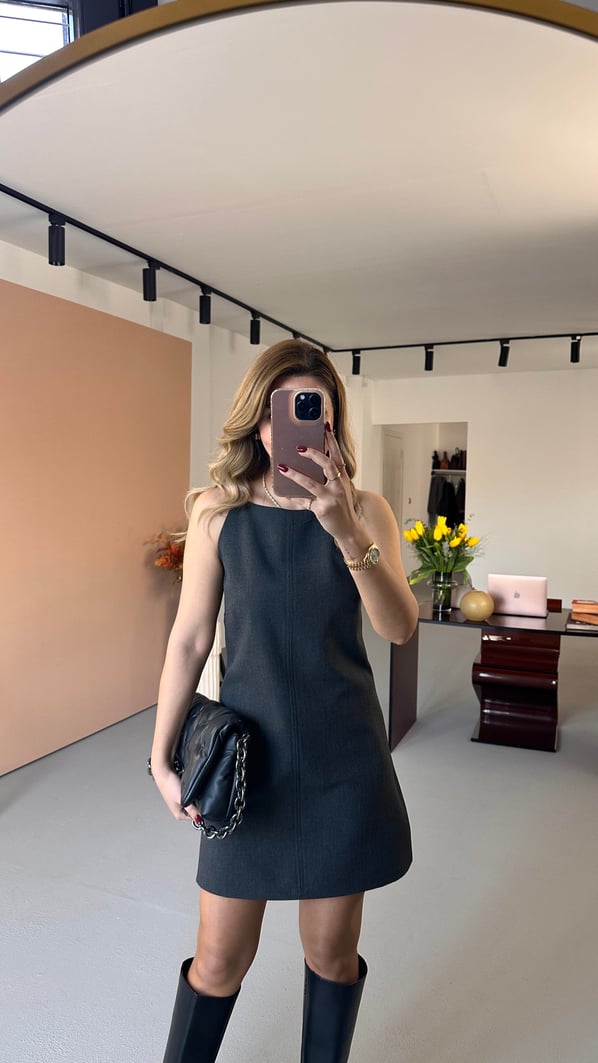 Halter Yaka Antrasit Mini Elbise