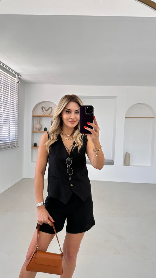 Ham Keten Siyah Yelek Şort Takım