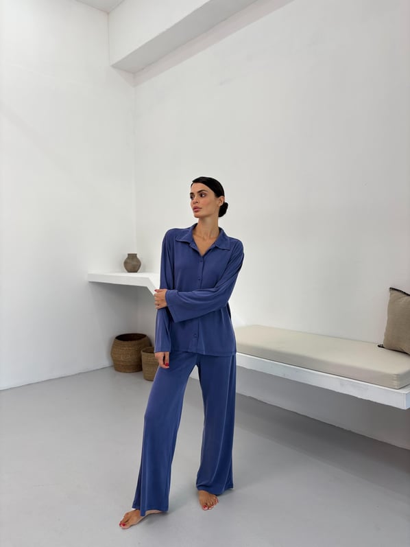 İnce Bel Lastikli Dökümlü İndigo Modal Pantolon Pijama