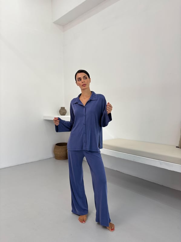 İnce Bel Lastikli Dökümlü İndigo Modal Pantolon Pijama